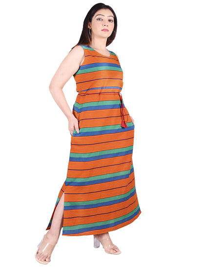 Cotton Block Printed Orange Round Neck Women'S Maxi Dress