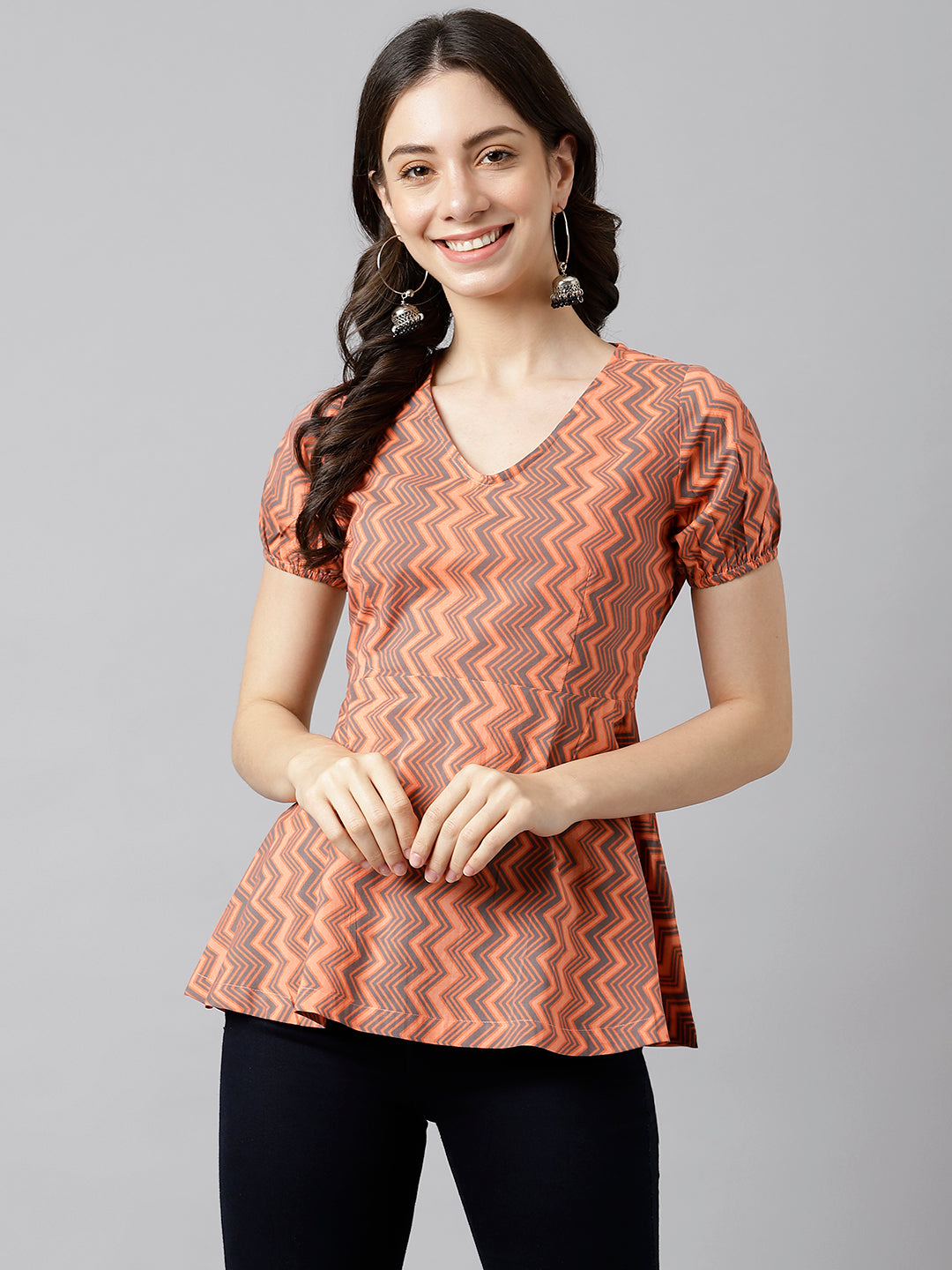 Peach Chevron V-Neck Printed Peplum Top