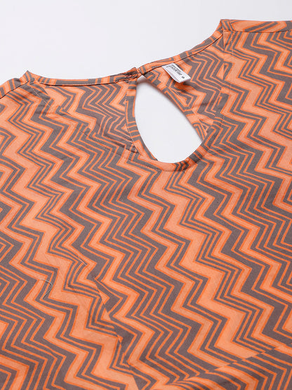 Peach Chevron V-Neck Printed Peplum Top