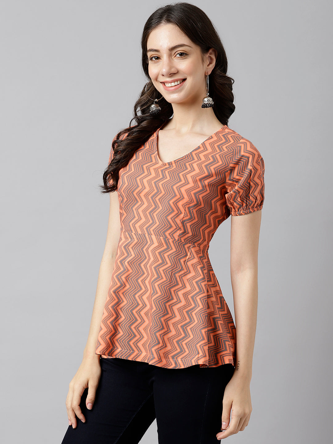 Peach Chevron V-Neck Printed Peplum Top