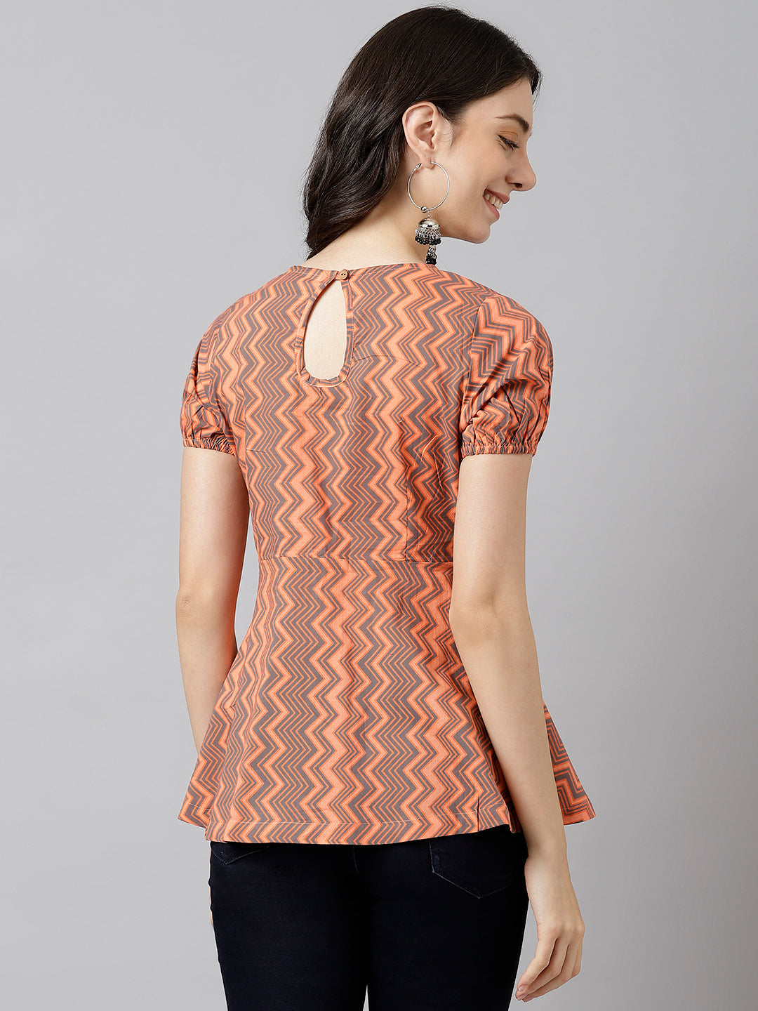 Peach Chevron V-Neck Printed Peplum Top