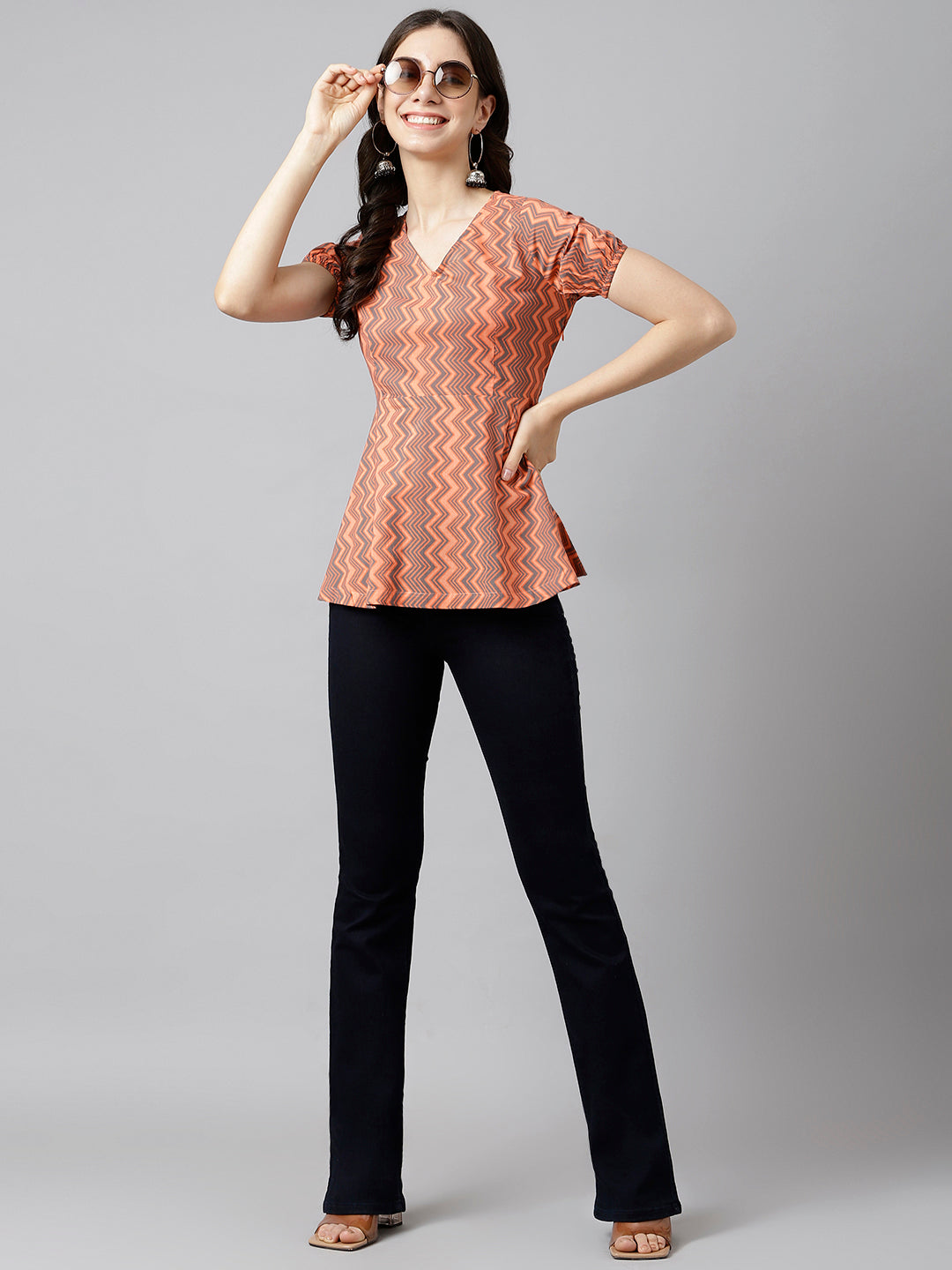 Peach Chevron V-Neck Printed Peplum Top