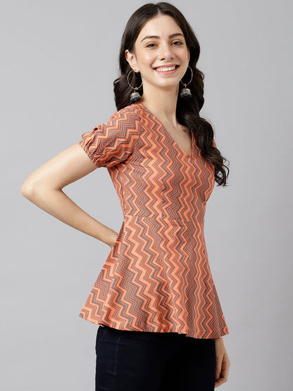 Peach Chevron V-Neck Printed Peplum Top