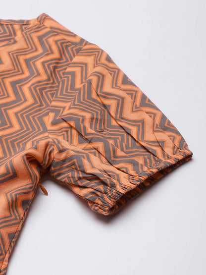 Peach Chevron V-Neck Printed Peplum Top