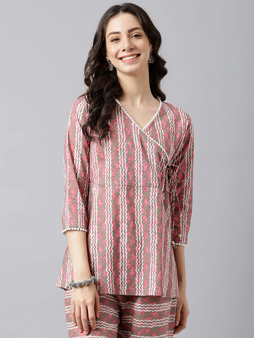 Pink and White Stripe Printed Cotton Wrap Top
