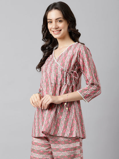 Pink and White Stripe Printed Cotton Wrap Top