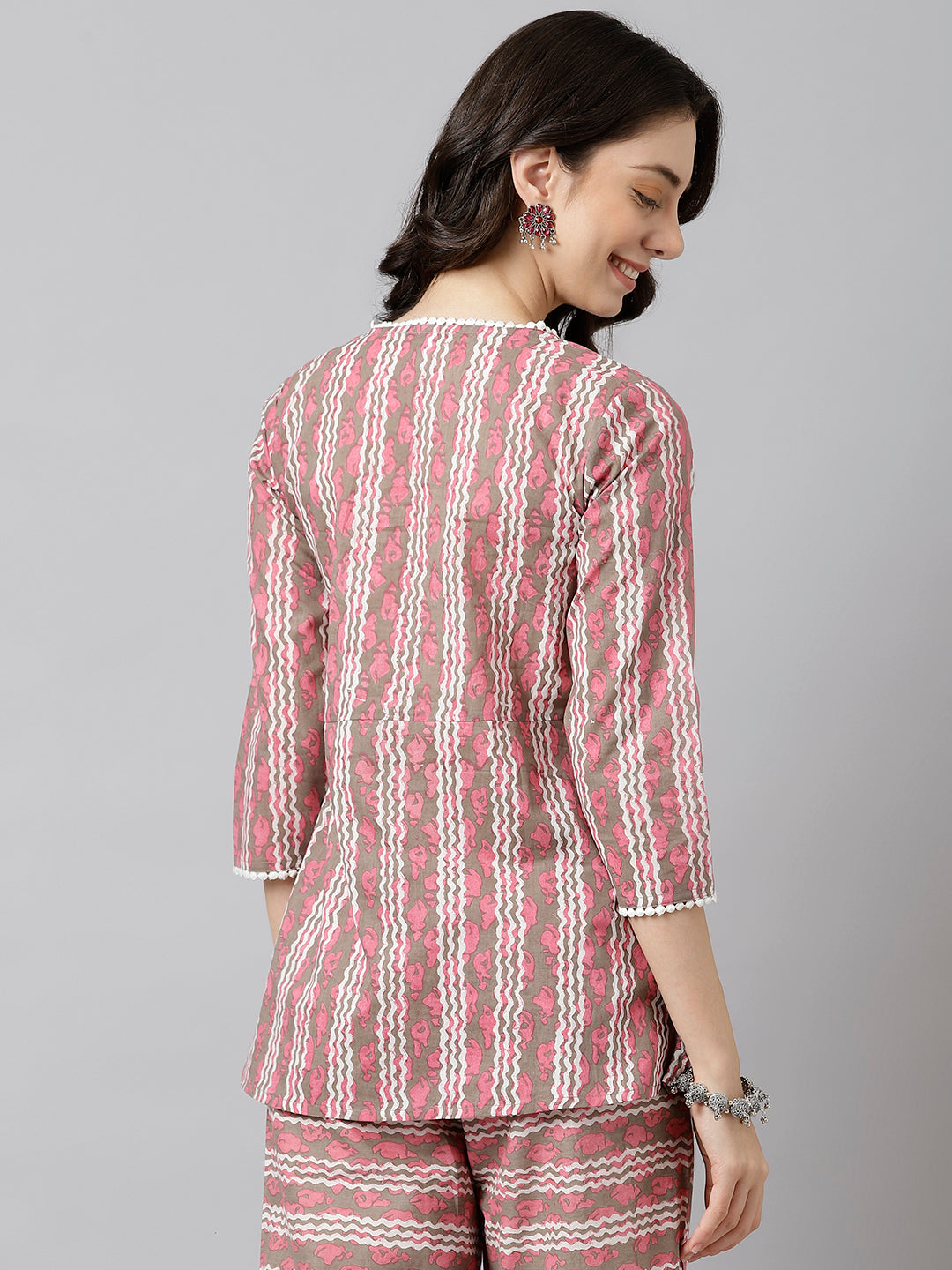 Pink and White Stripe Printed Cotton Wrap Top