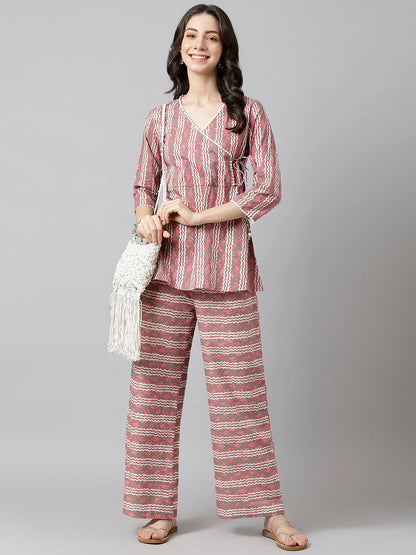 Pink and White Stripe Printed Cotton Wrap Top