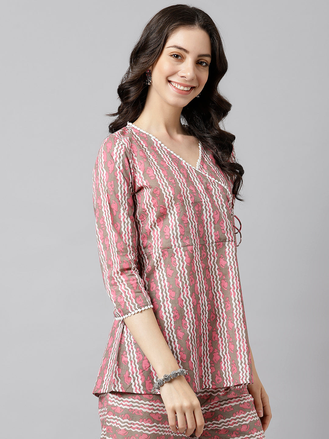 Pink and White Stripe Printed Cotton Wrap Top