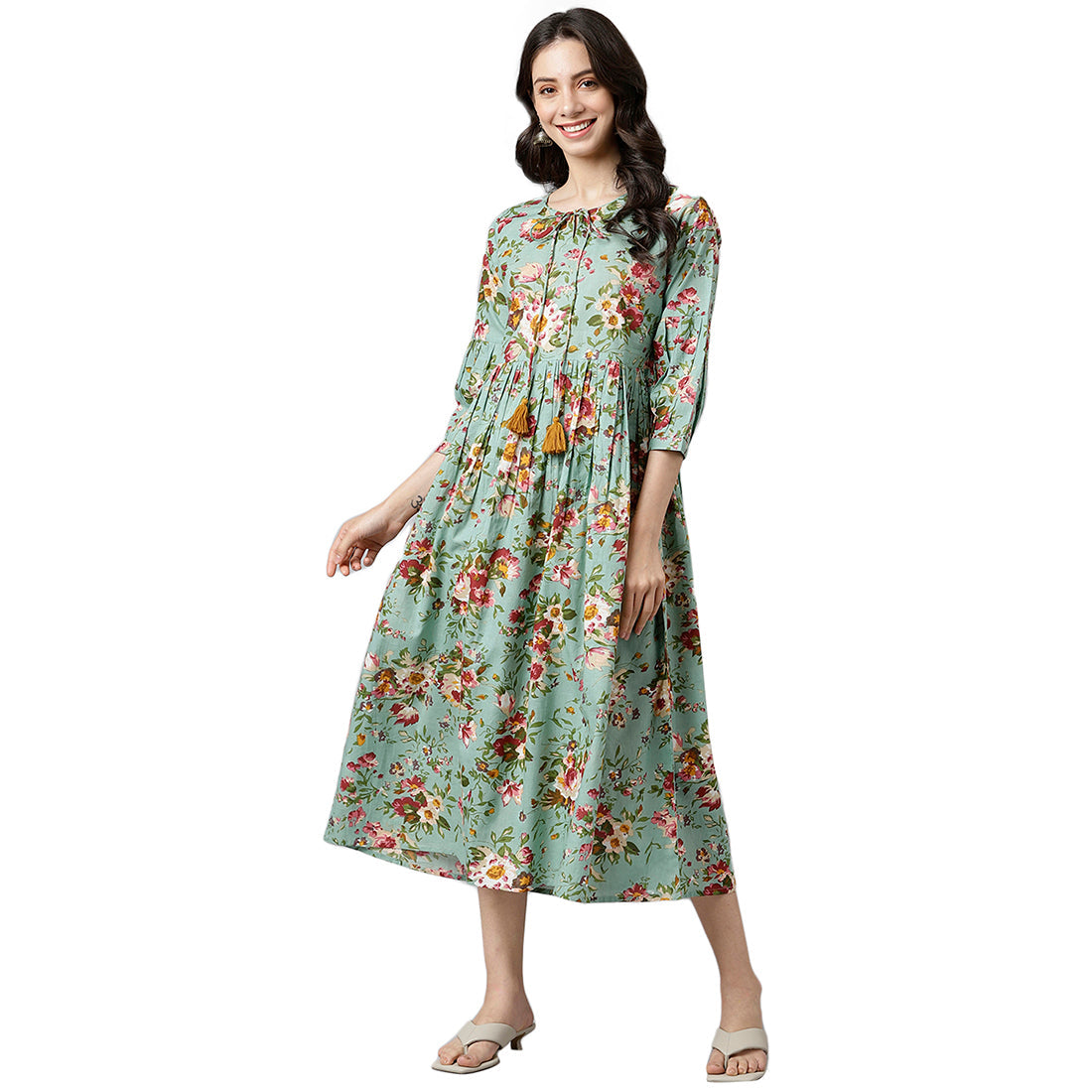 Green Floral Printed Gathered Kurta