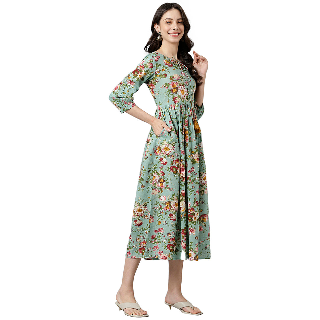 Green Floral Printed Gathered Kurta
