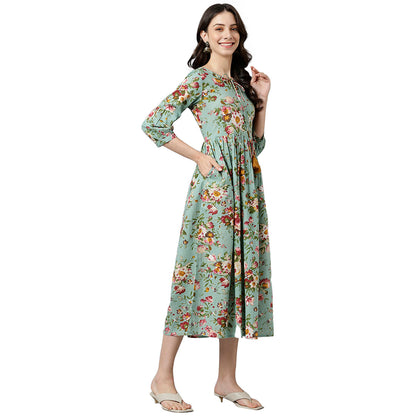 Green Floral Printed Gathered Kurta