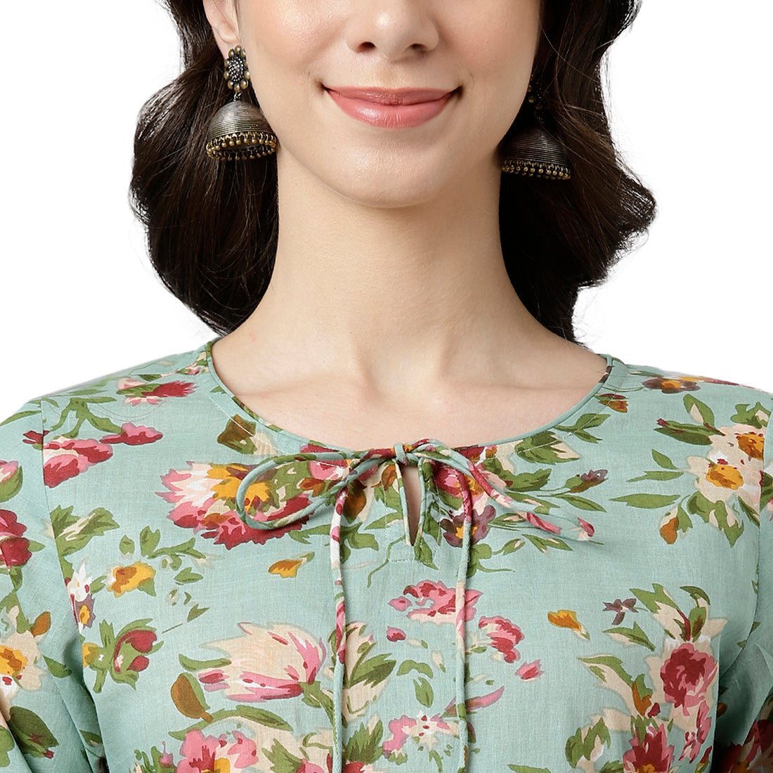 Green Floral Printed Gathered Kurta