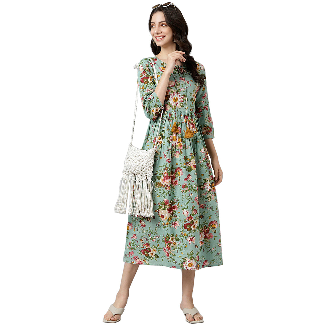 Green Floral Printed Gathered Kurta
