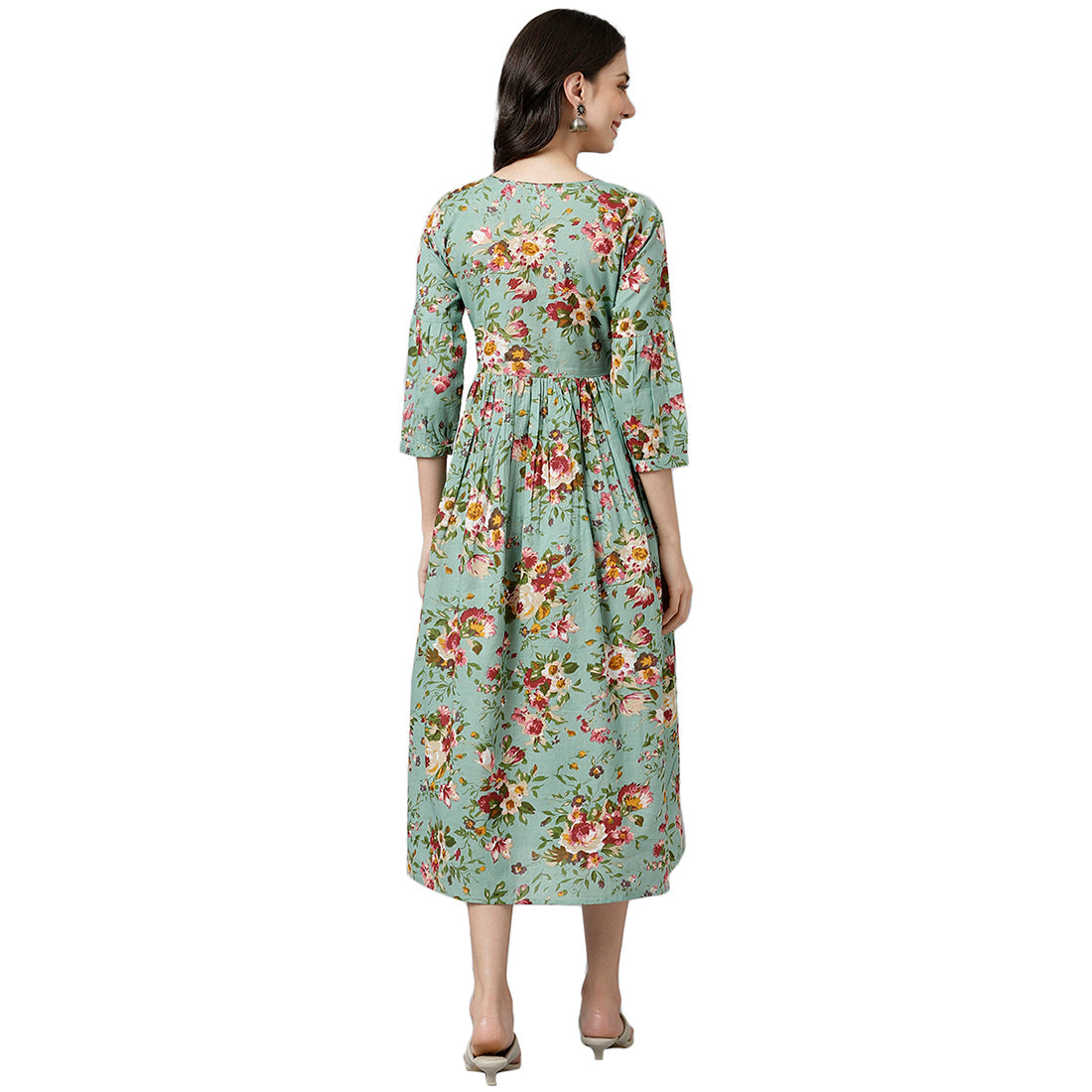 Green Floral Printed Gathered Kurta