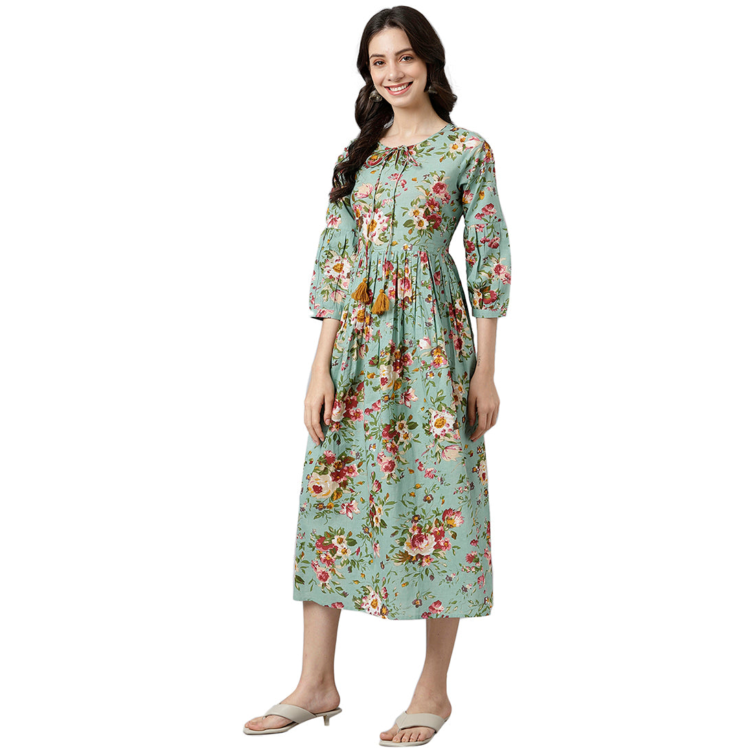 Green Floral Printed Gathered Kurta