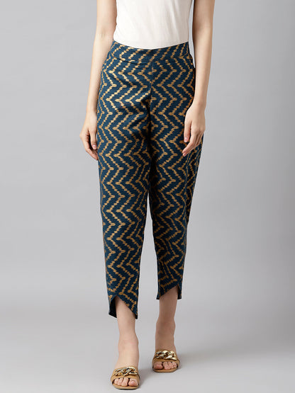 Navy Blue And Gold Chevron Print Pants