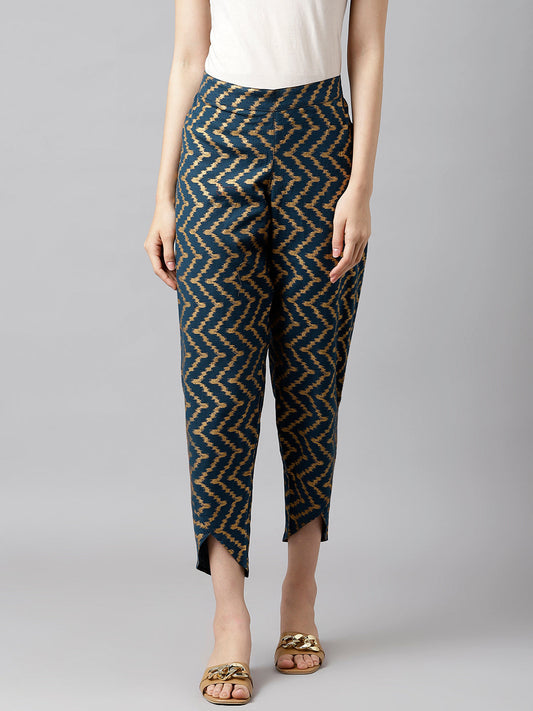 Navy Blue And Gold Chevron Print Pants