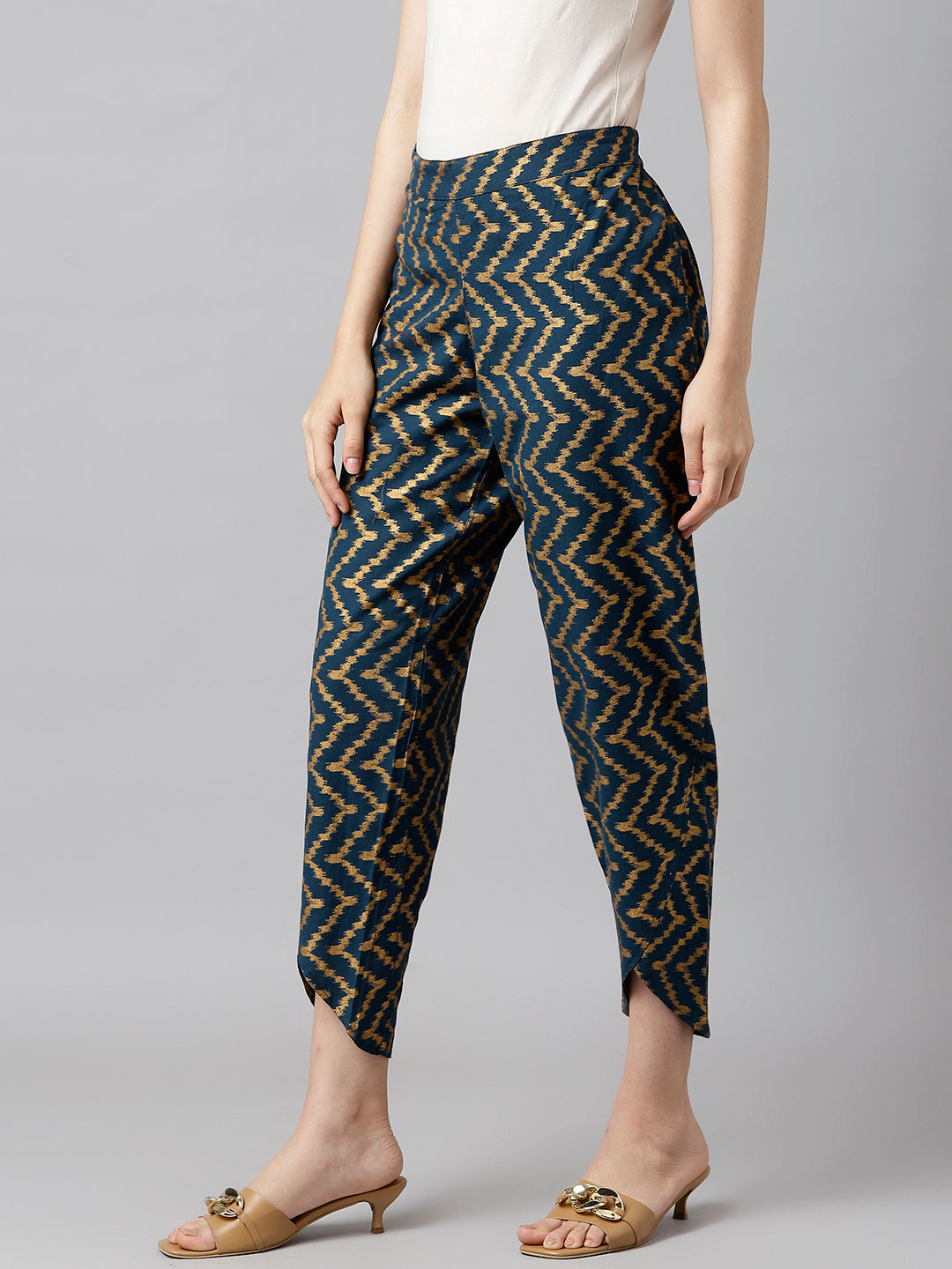 Navy Blue And Gold Chevron Print Pants