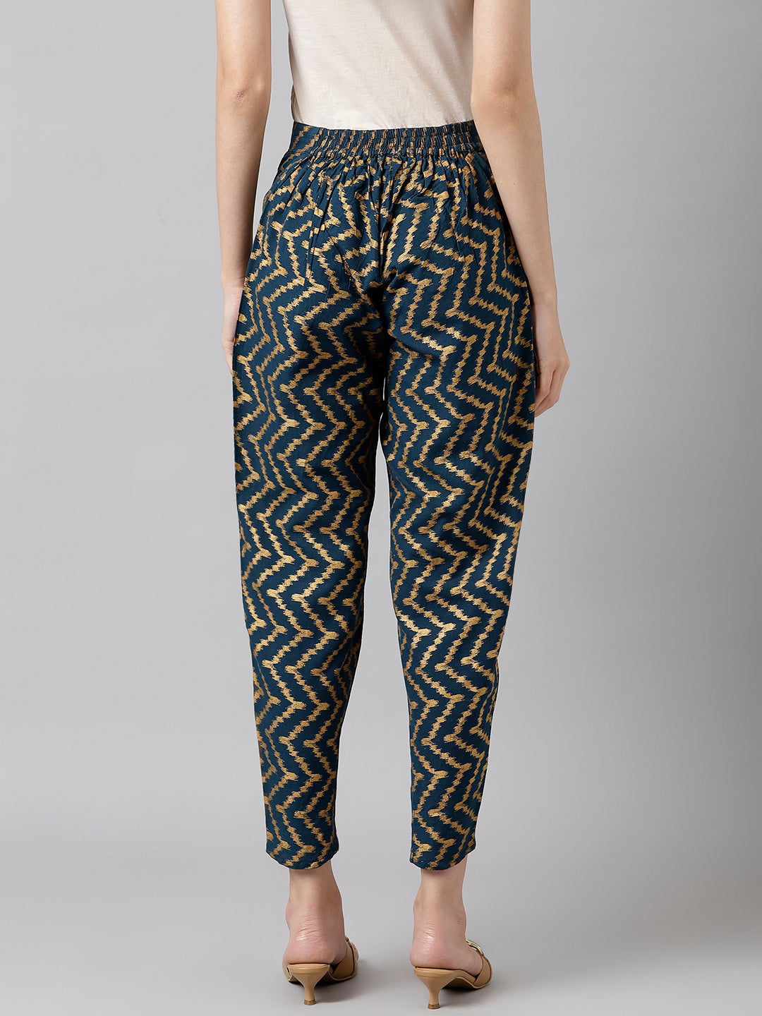 Navy Blue And Gold Chevron Print Pants