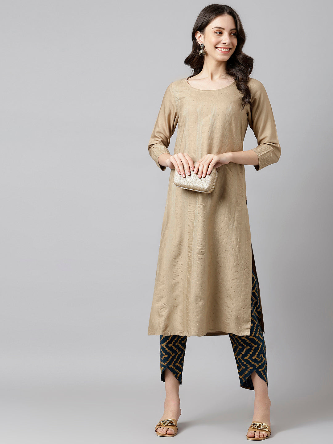 Navy Blue And Gold Chevron Print Pants