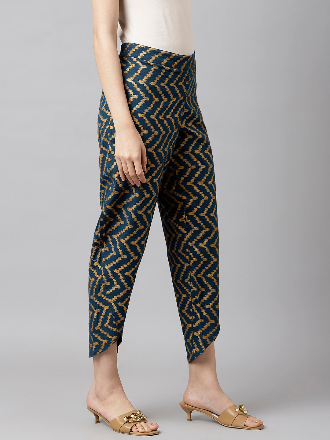 Navy Blue And Gold Chevron Print Pants