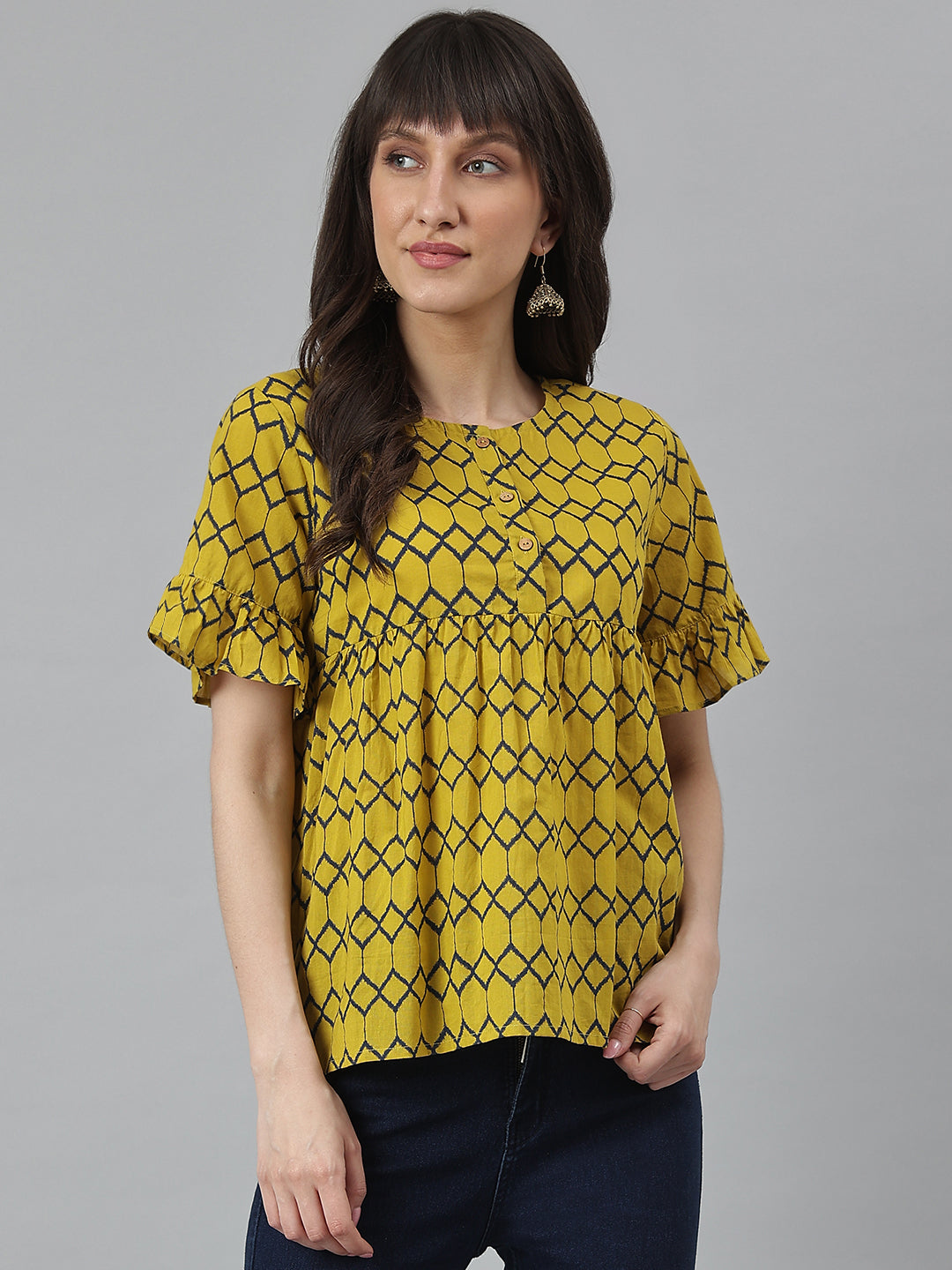 Mustard Printed Ruffle Sleeves Top