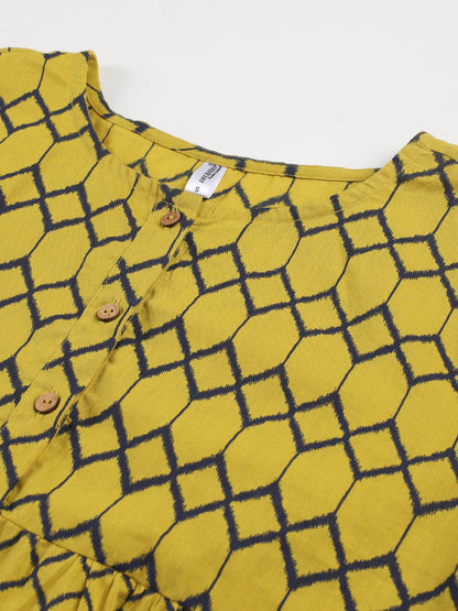 Mustard Printed Ruffle Sleeves Top