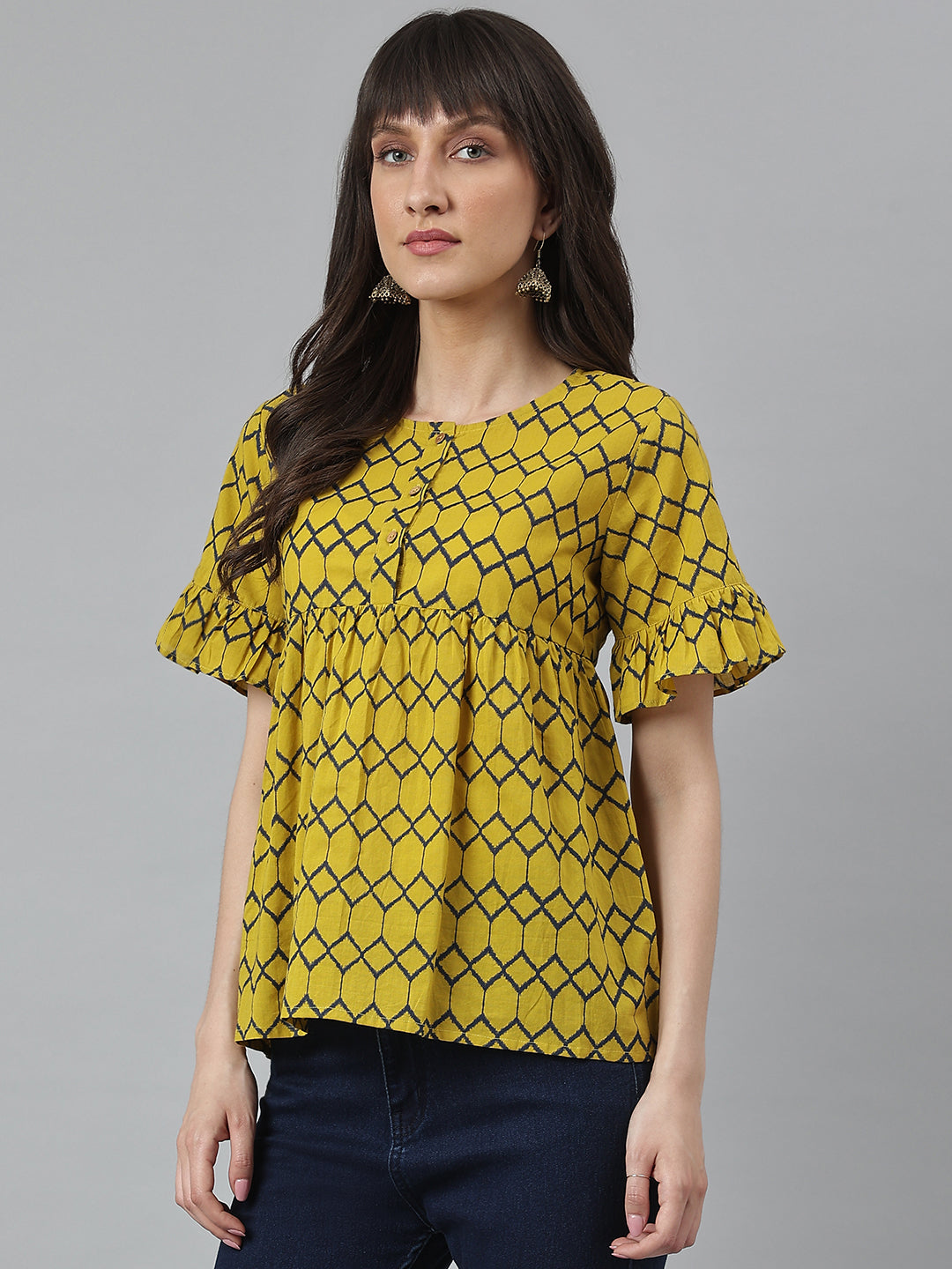 Mustard Printed Ruffle Sleeves Top