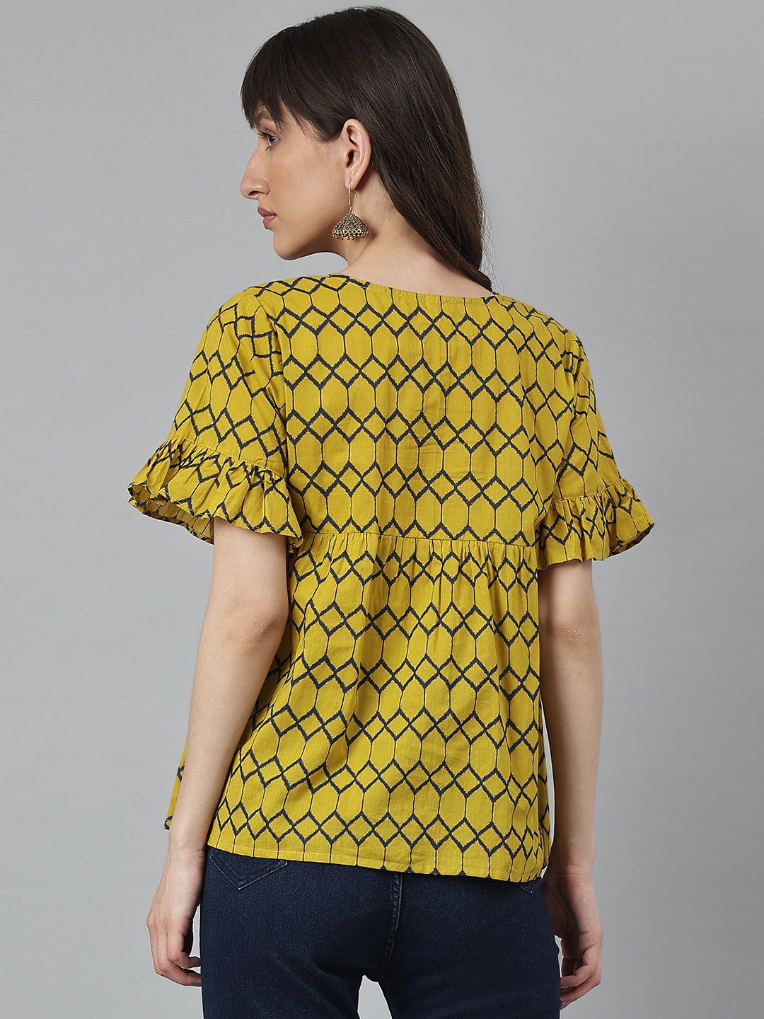 Mustard Printed Ruffle Sleeves Top