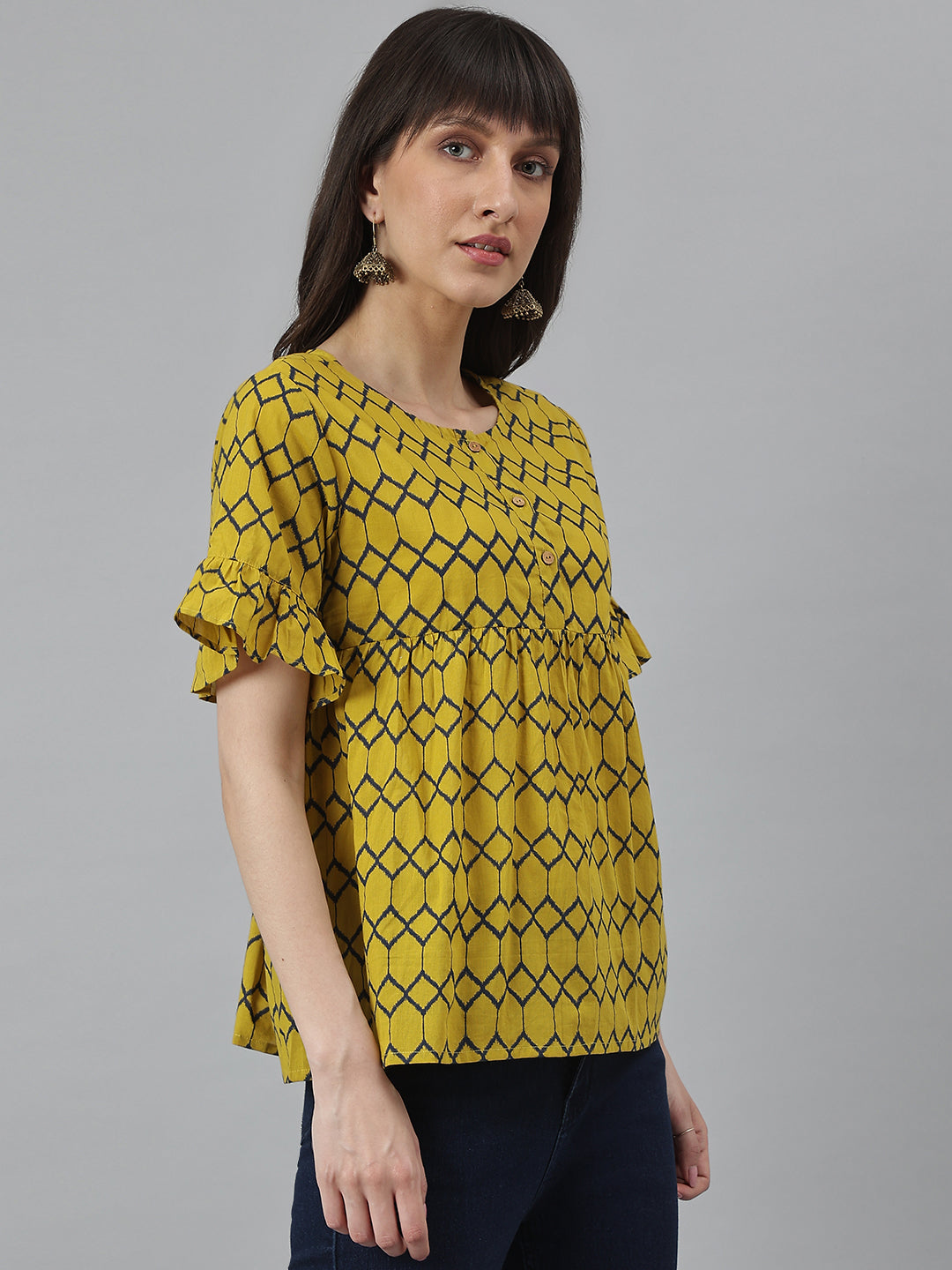 Mustard Printed Ruffle Sleeves Top