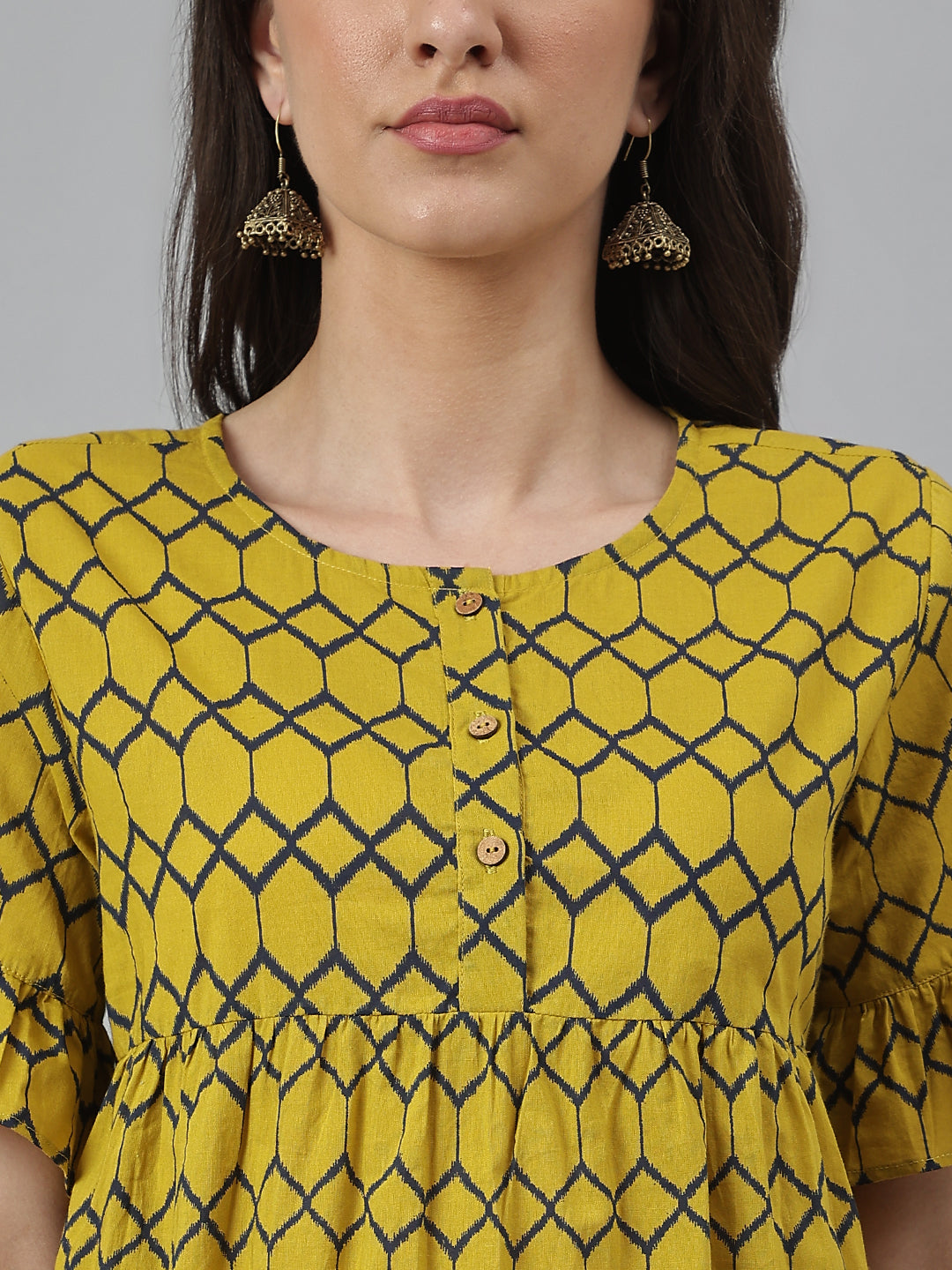 Mustard Printed Ruffle Sleeves Top