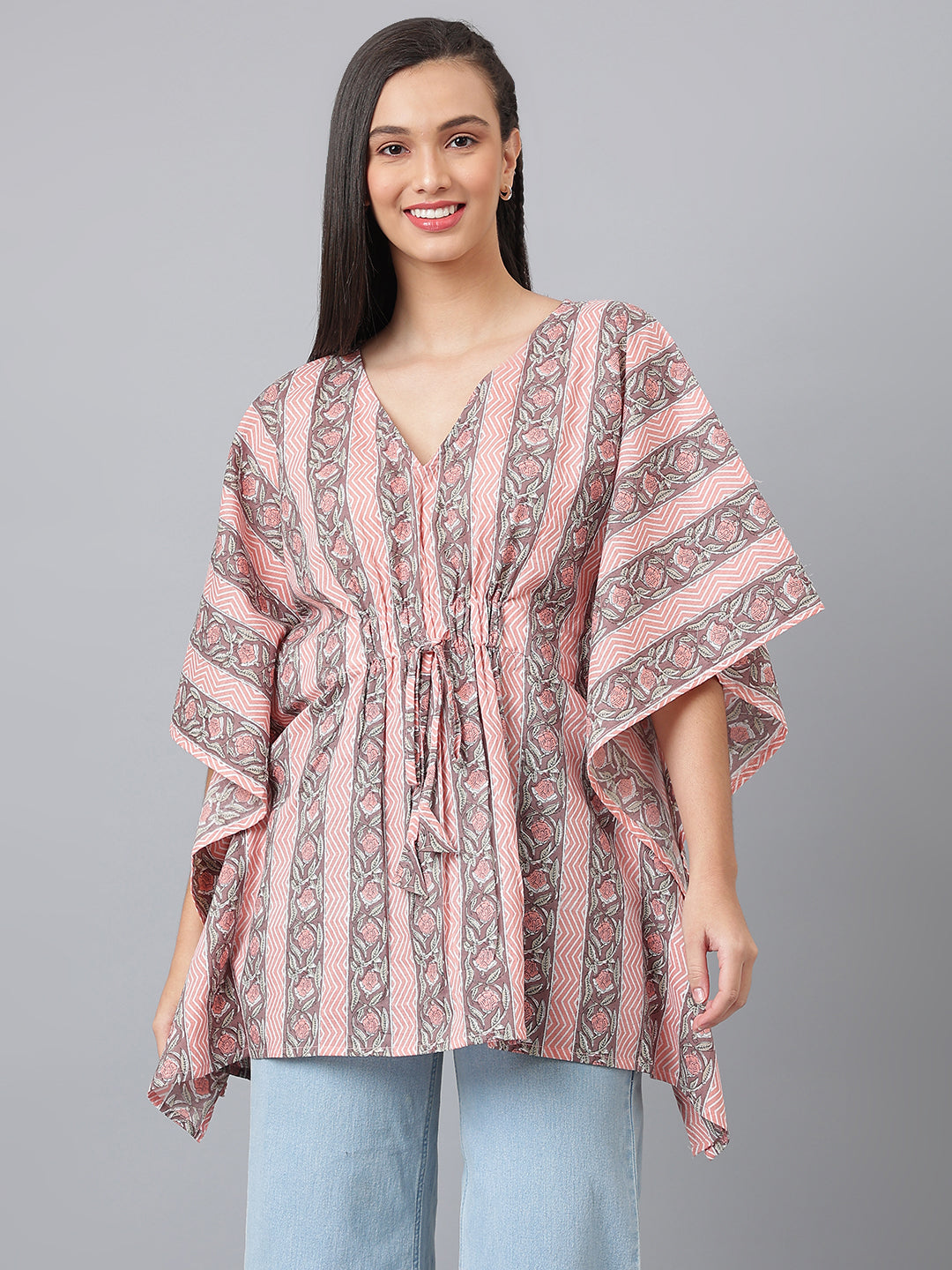 Pink and Grey Printed Cotton Kaftan