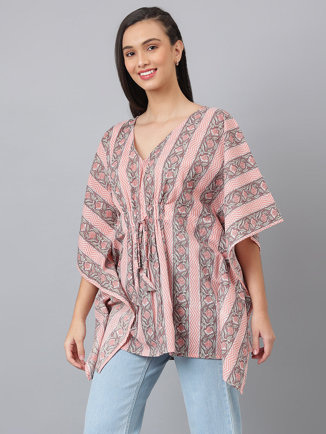 Pink and Grey Printed Cotton Kaftan