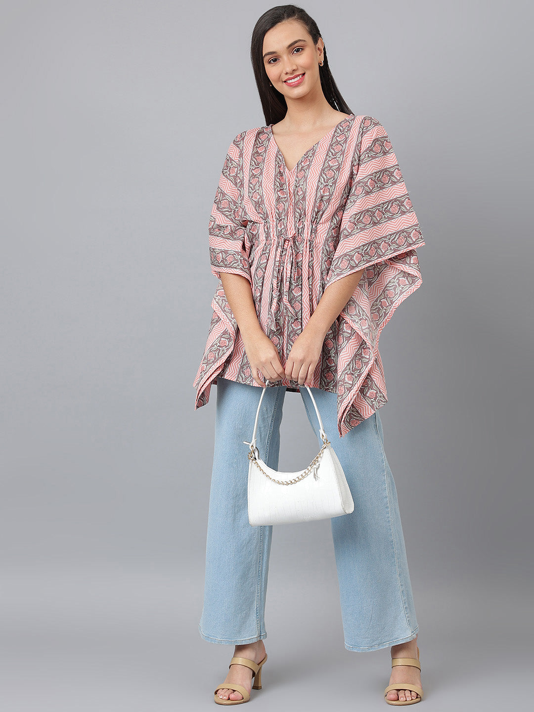 Pink and Grey Printed Cotton Kaftan