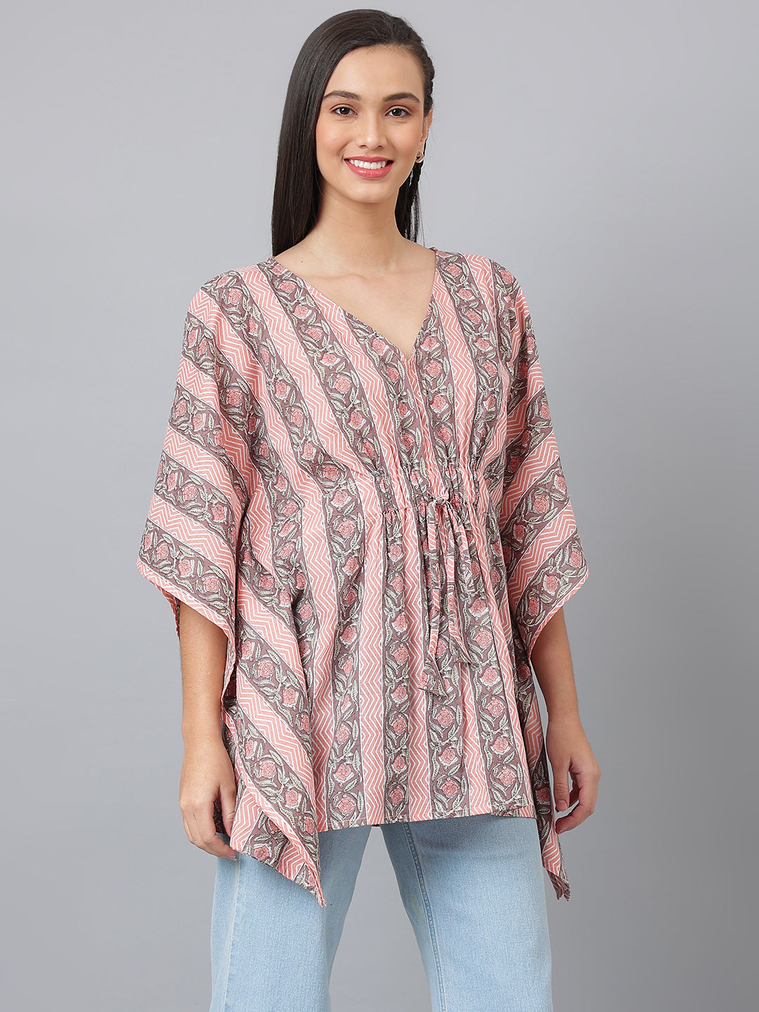 Pink and Grey Printed Cotton Kaftan
