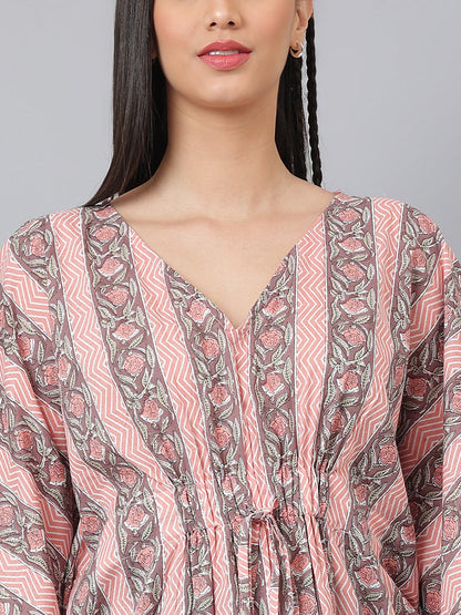Pink and Grey Printed Cotton Kaftan