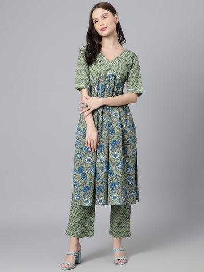 Green Floral Cotton Printed V Neck A-Line Kurta
