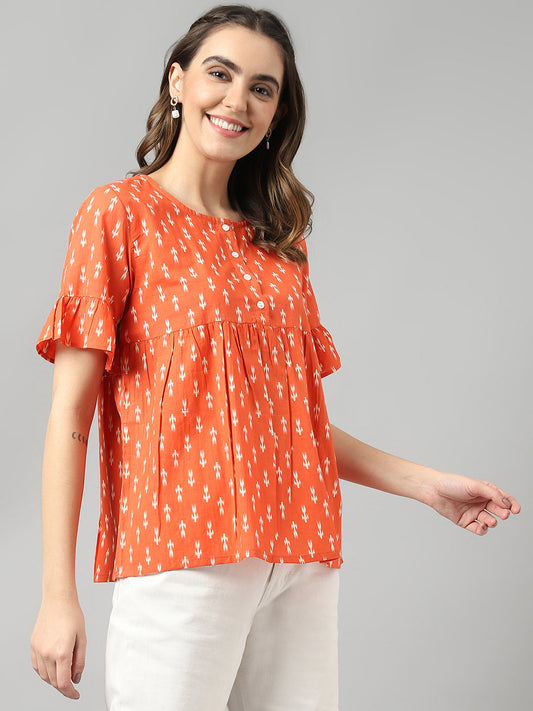 Cotton Red Ikkat A-Line Gathered Round Neck Short Sleeve Top