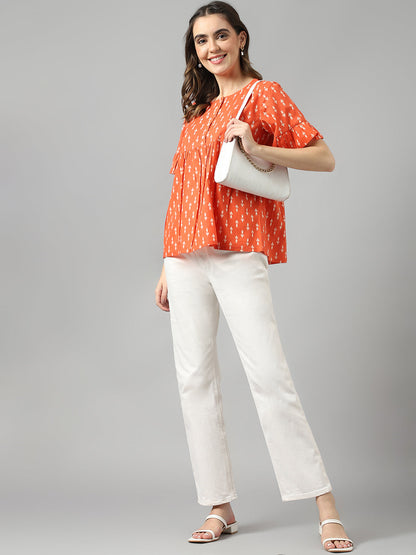 Cotton Red Ikkat A-Line Gathered Round Neck Short Sleeve Top