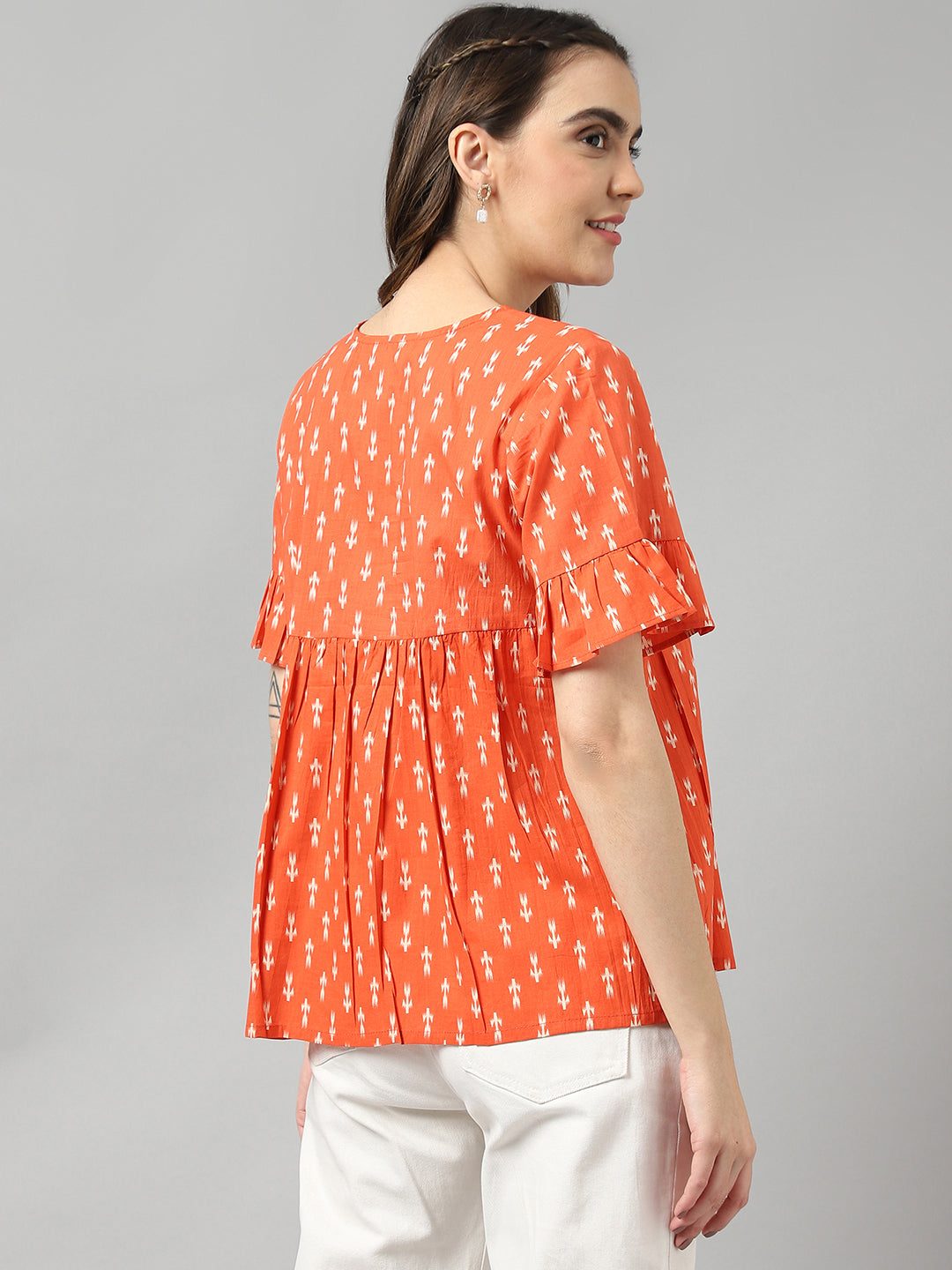 Cotton Red Ikkat A-Line Gathered Round Neck Short Sleeve Top