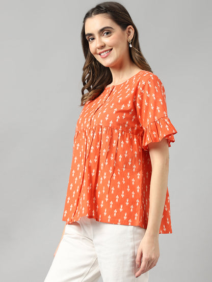 Cotton Red Ikkat A-Line Gathered Round Neck Short Sleeve Top
