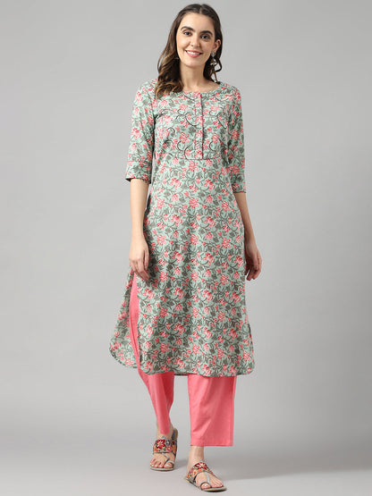 Seagreen Ethnic Motif Floral Print Suit Set