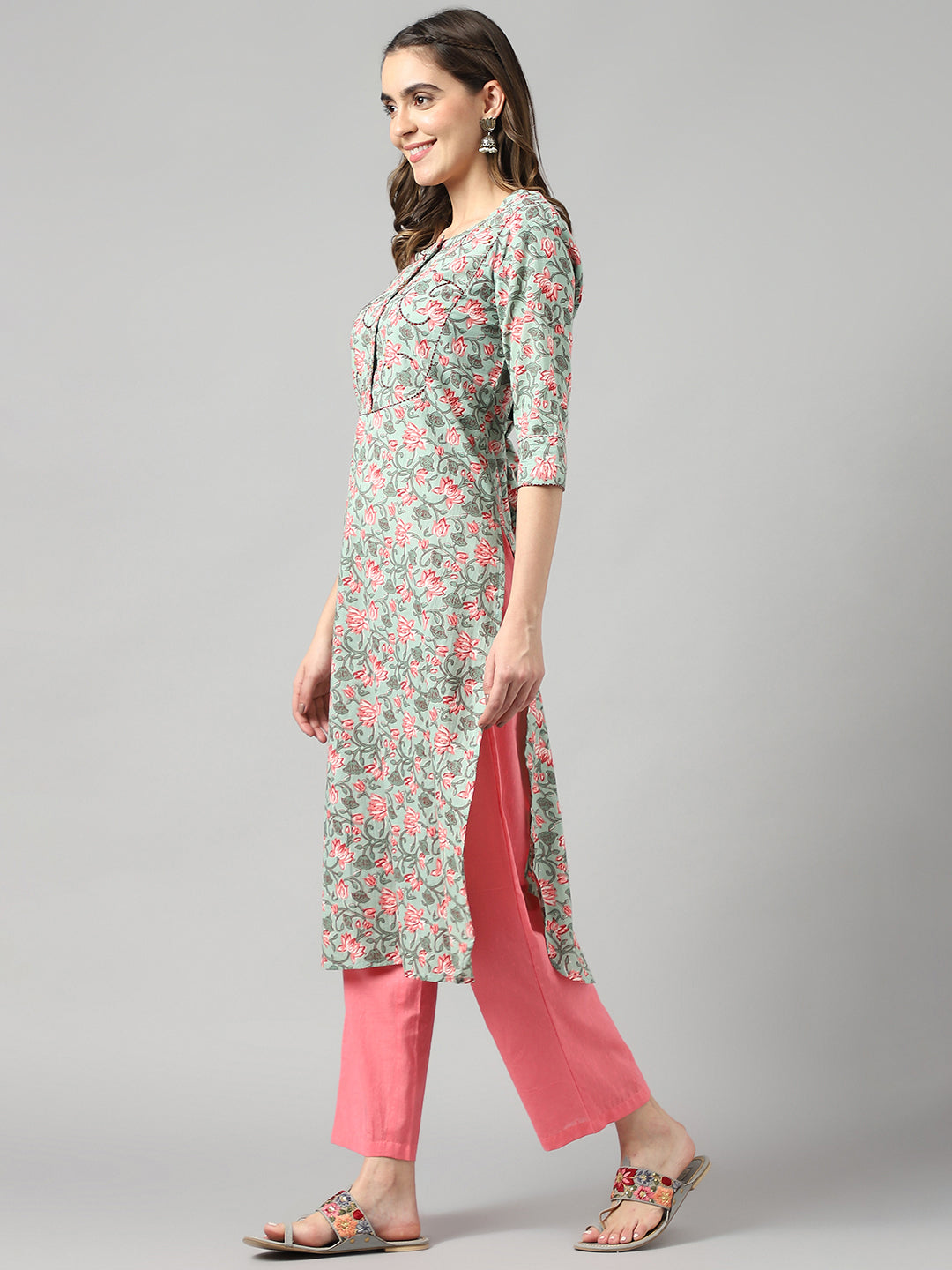 Seagreen Ethnic Motif Floral Print Suit Set