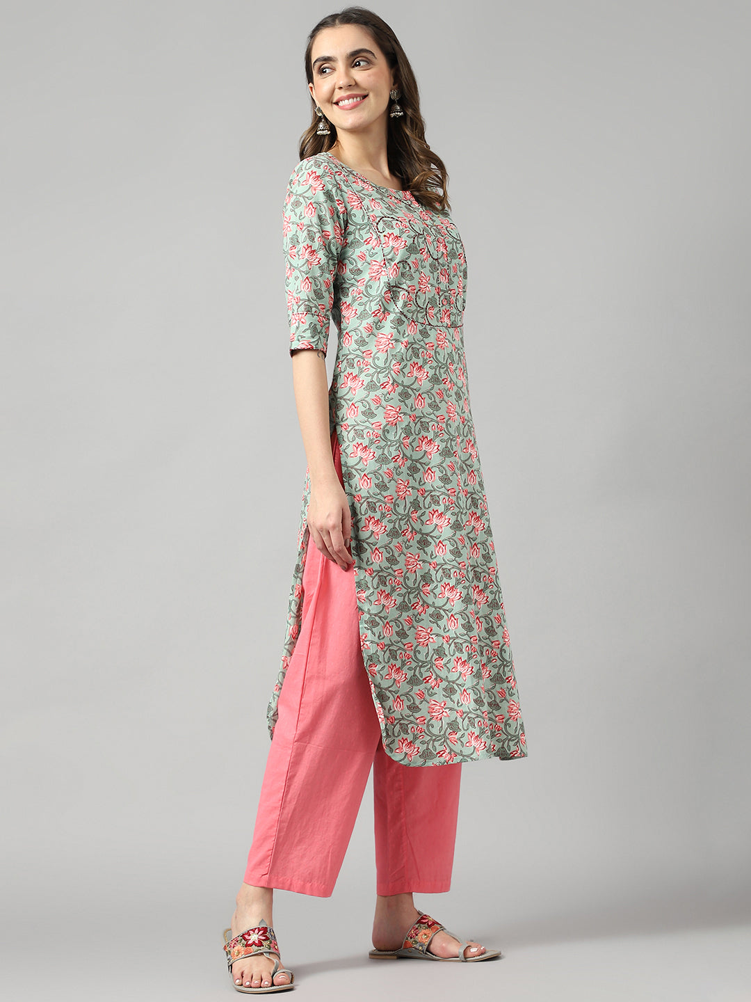 Seagreen Ethnic Motif Floral Print Suit Set
