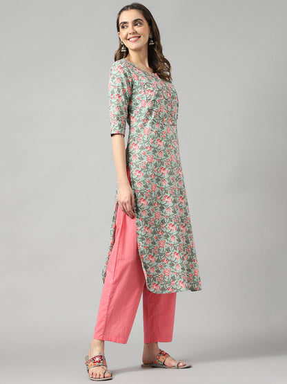Seagreen Ethnic Motif Floral Print Suit Set