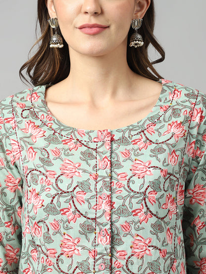 Seagreen Ethnic Motif Floral Print Suit Set