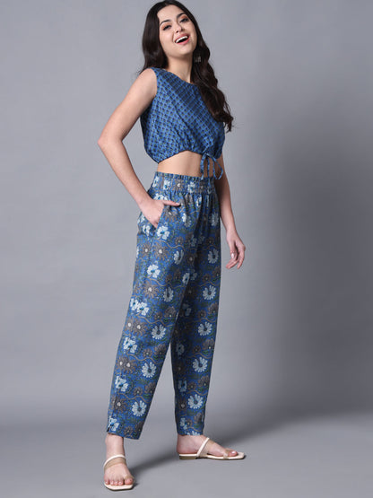 Blue Print Casual Crop Top And Pant Fusion Set