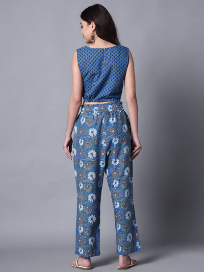 Blue Print Casual Crop Top And Pant Fusion Set