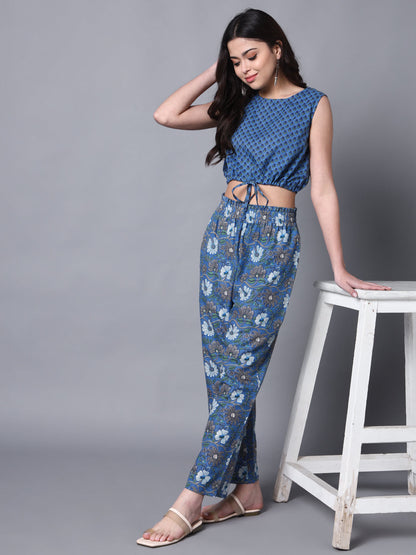 Blue Print Casual Crop Top And Pant Fusion Set